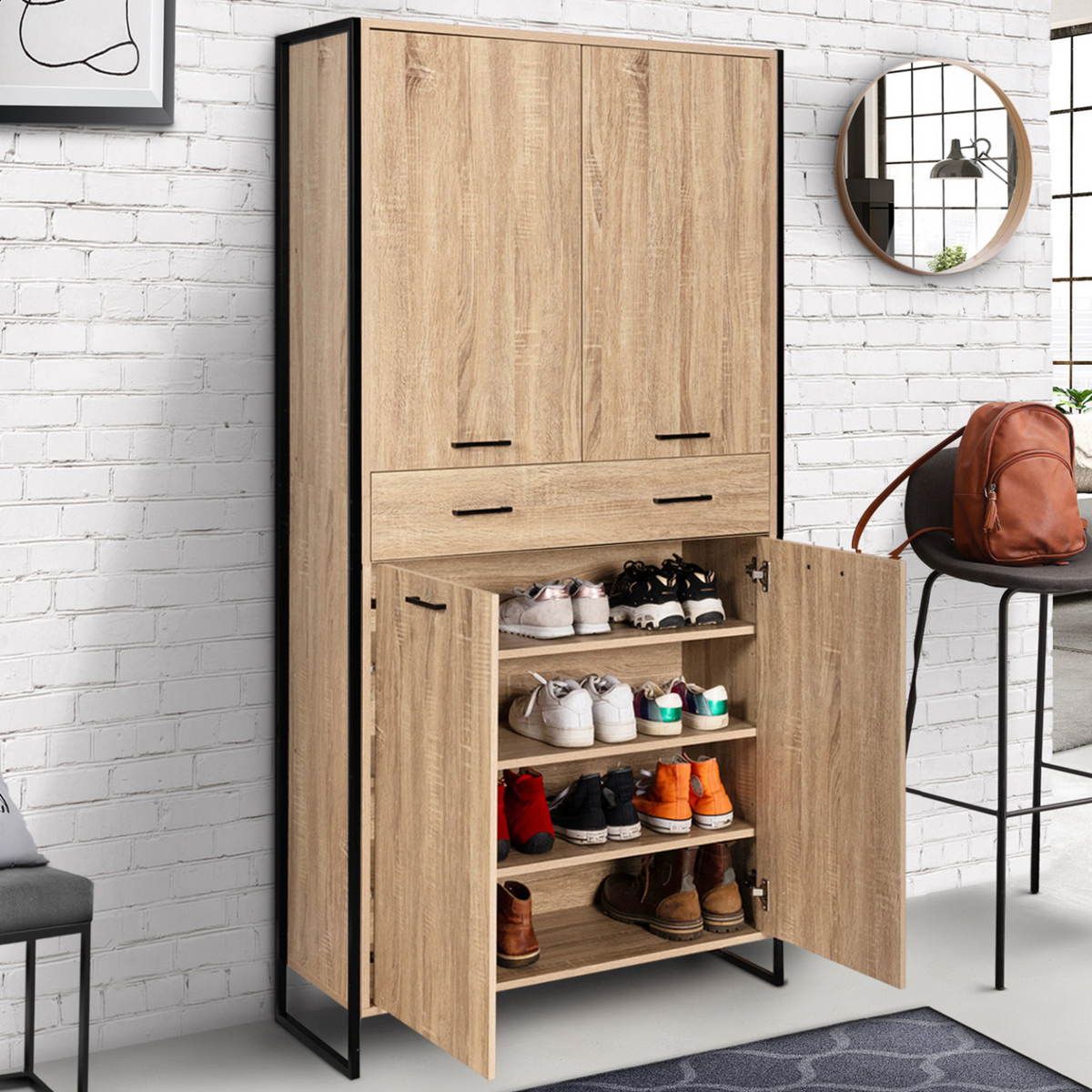 Armoire à chaussures 24 paires LUIS 4 portes avec tiroir design industriel H. 180 cm