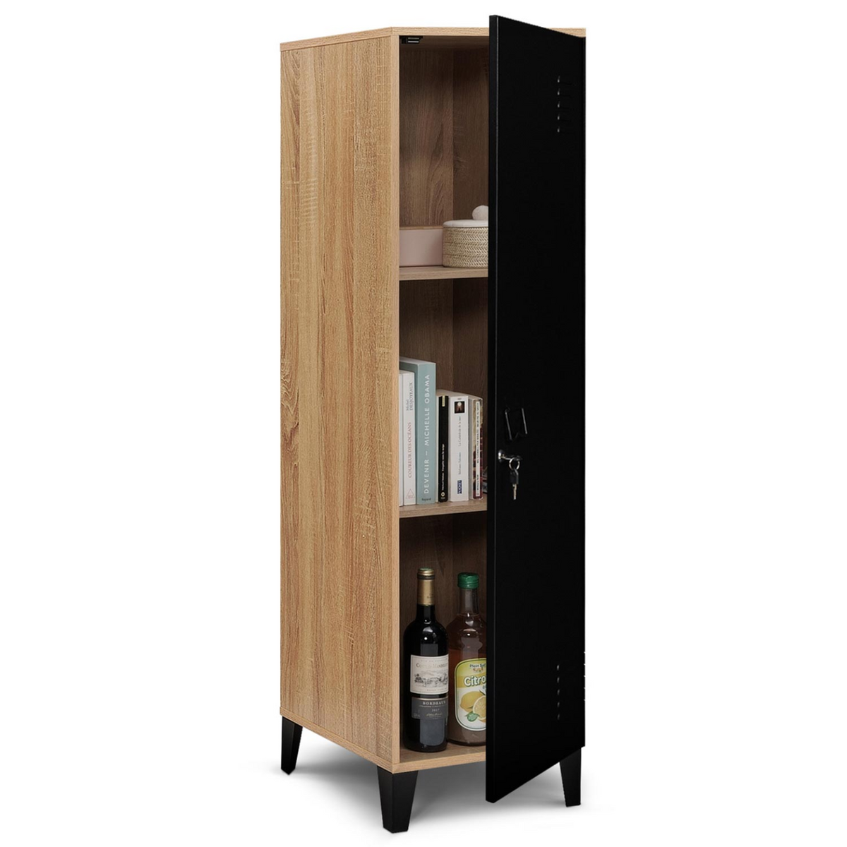 Armoire vestiaire ESTER 1 porte métal noir et contour bois design industriel