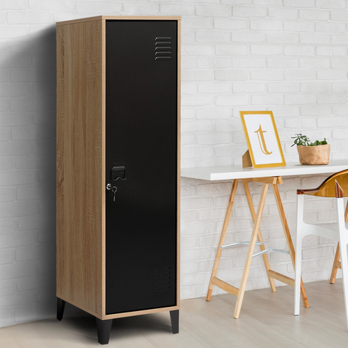 Armoire vestiaire ESTER 1 porte métal noir et contour bois design industriel