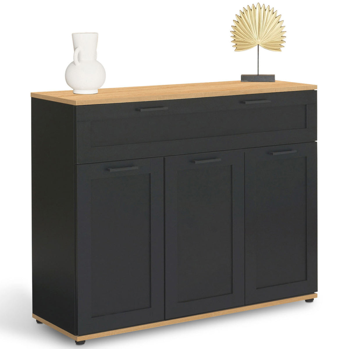 Buffet 100 cm VITO 3 portes et 1 tiroir noir et plateau bois