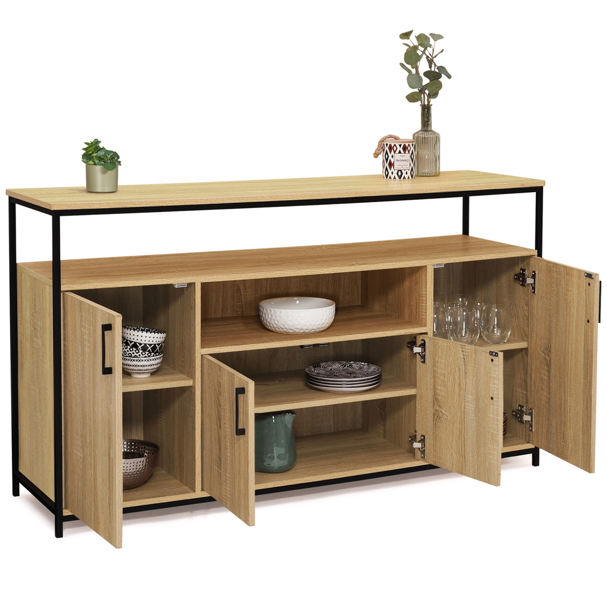 Buffet 140 cm DETROIT 4 portes avec niche design industriel