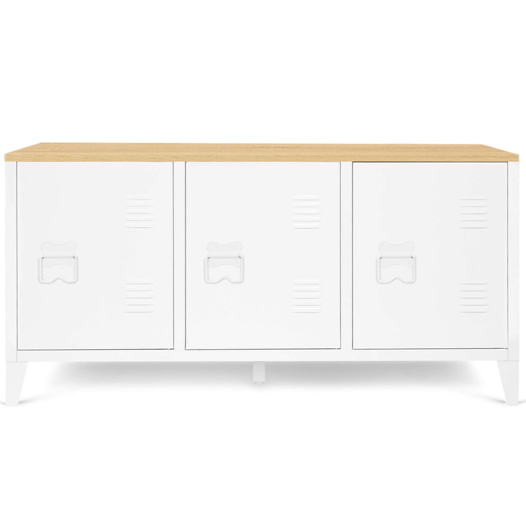 Buffet bas 113 cm ESTER 3 portes métal blanc plateau bois design industriel