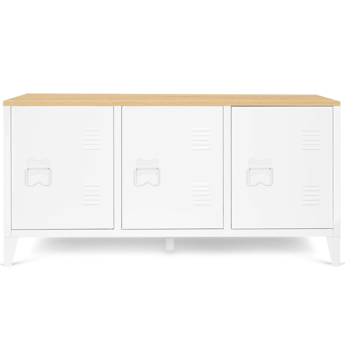 Buffet bas 113 cm ESTER 3 portes métal blanc plateau bois design industriel