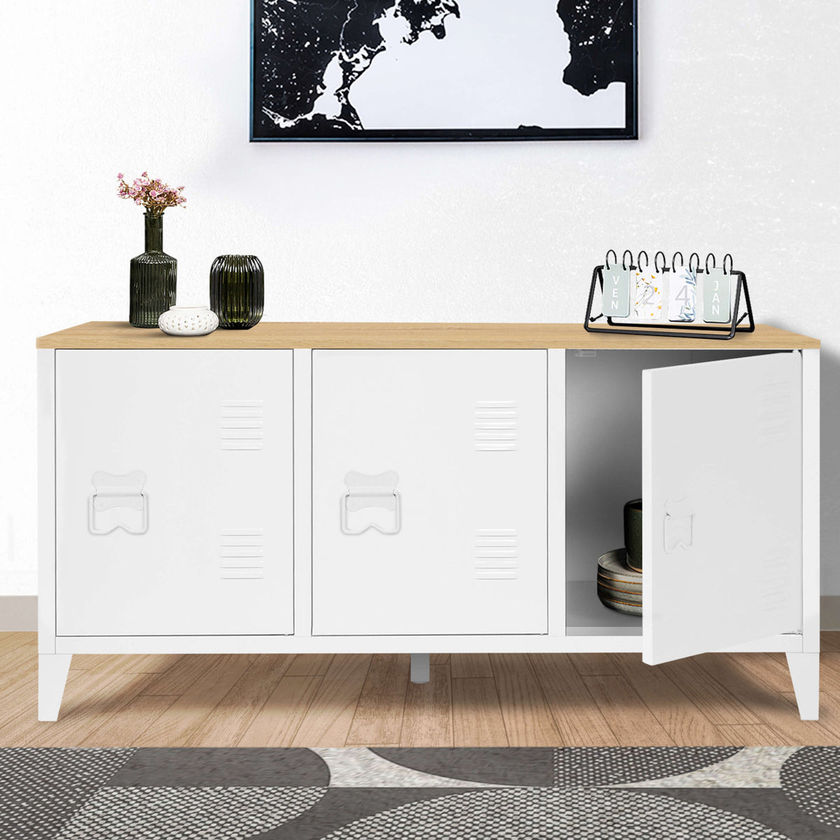 Buffet bas 113 cm ESTER 3 portes métal blanc plateau bois design industriel