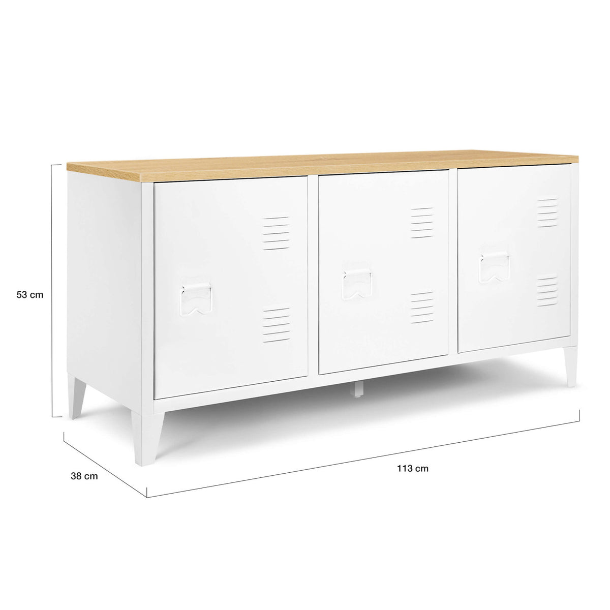 Buffet bas 113 cm ESTER 3 portes métal blanc plateau bois design industriel