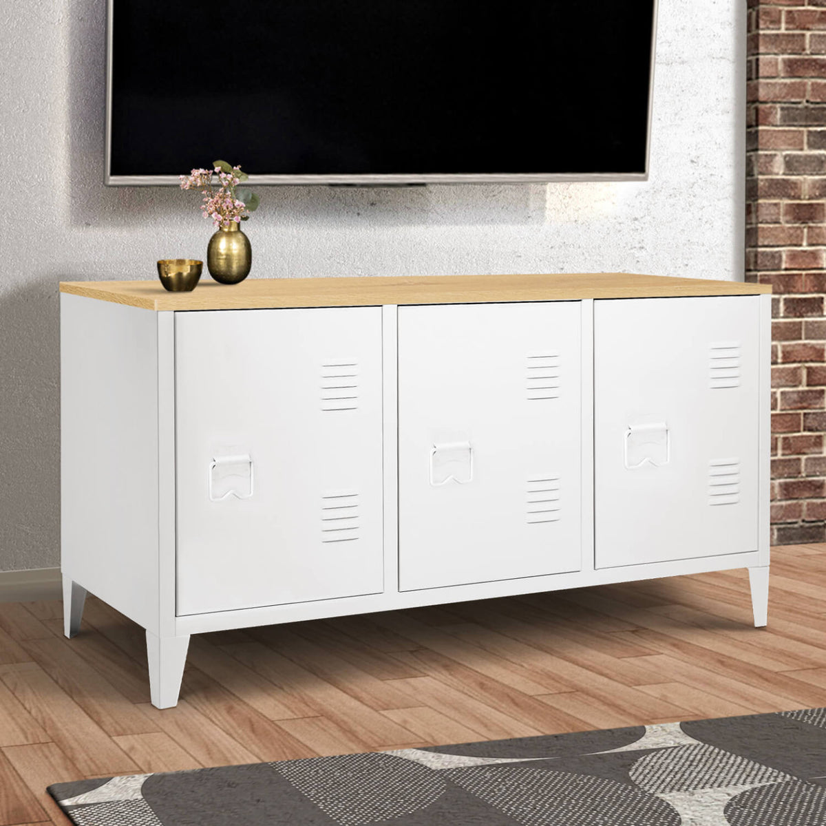 Buffet bas 113 cm ESTER 3 portes métal blanc plateau bois design industriel