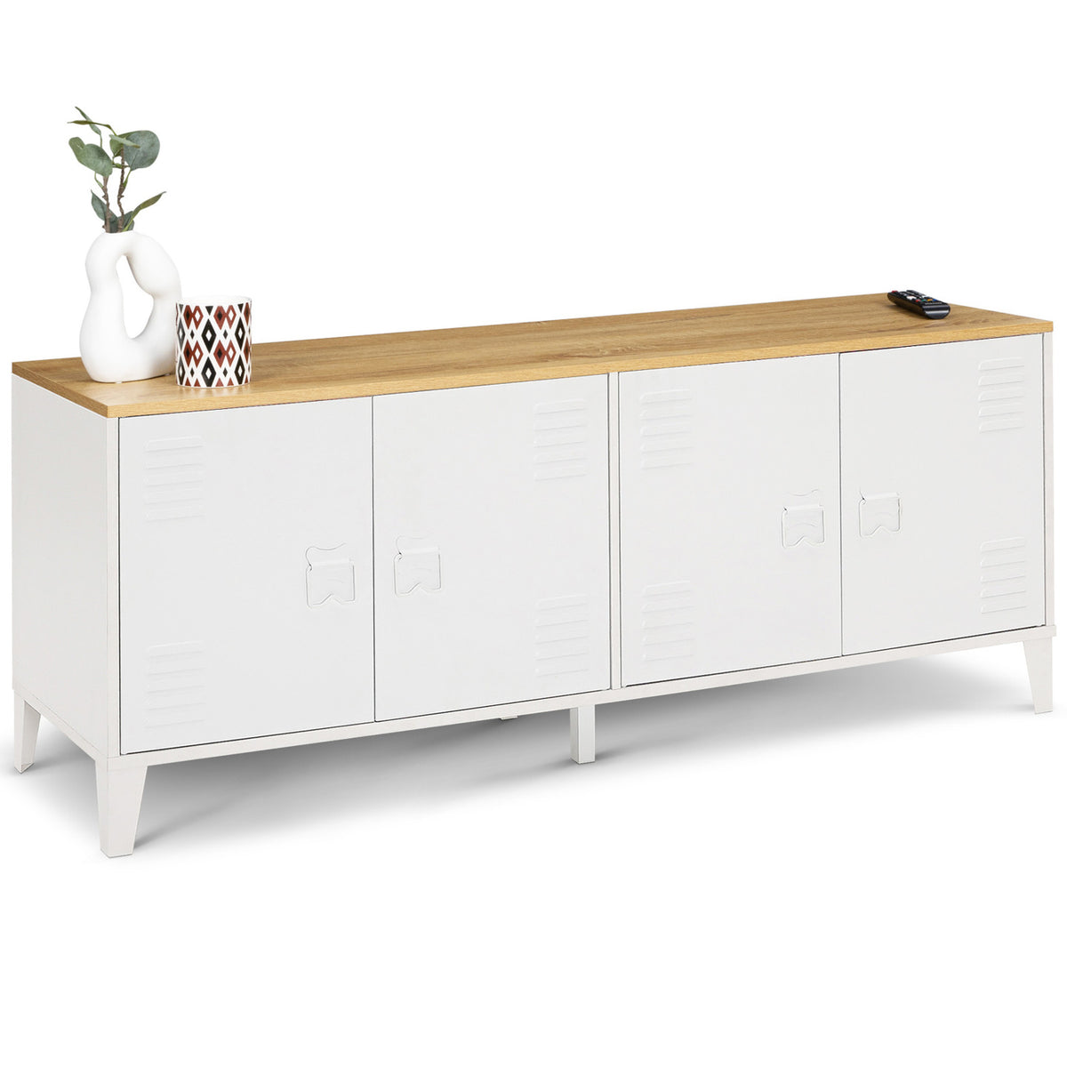 Buffet bas 140 cm ESTER 4 portes métal blanc plateau bois design industriel