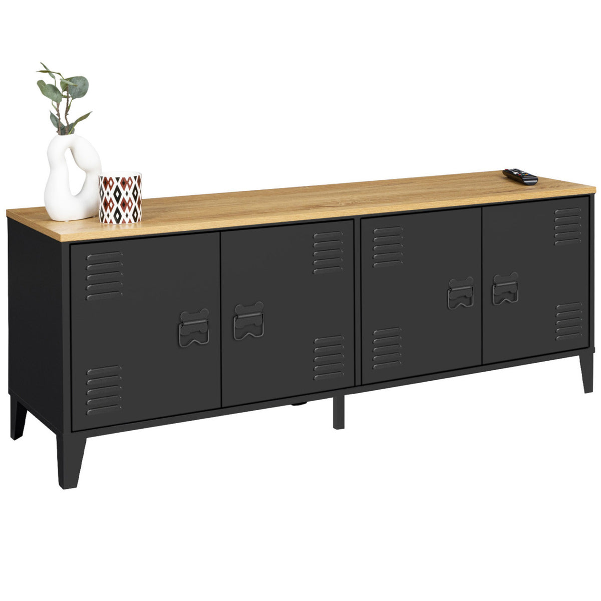 Buffet bas 140 cm ESTER 4 portes métal noir et plateau bois design industriel