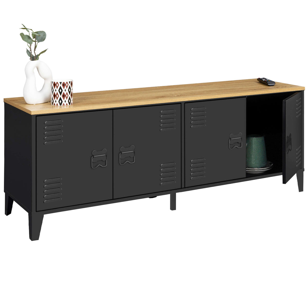Buffet bas 140 cm ESTER 4 portes métal noir et plateau bois design industriel
