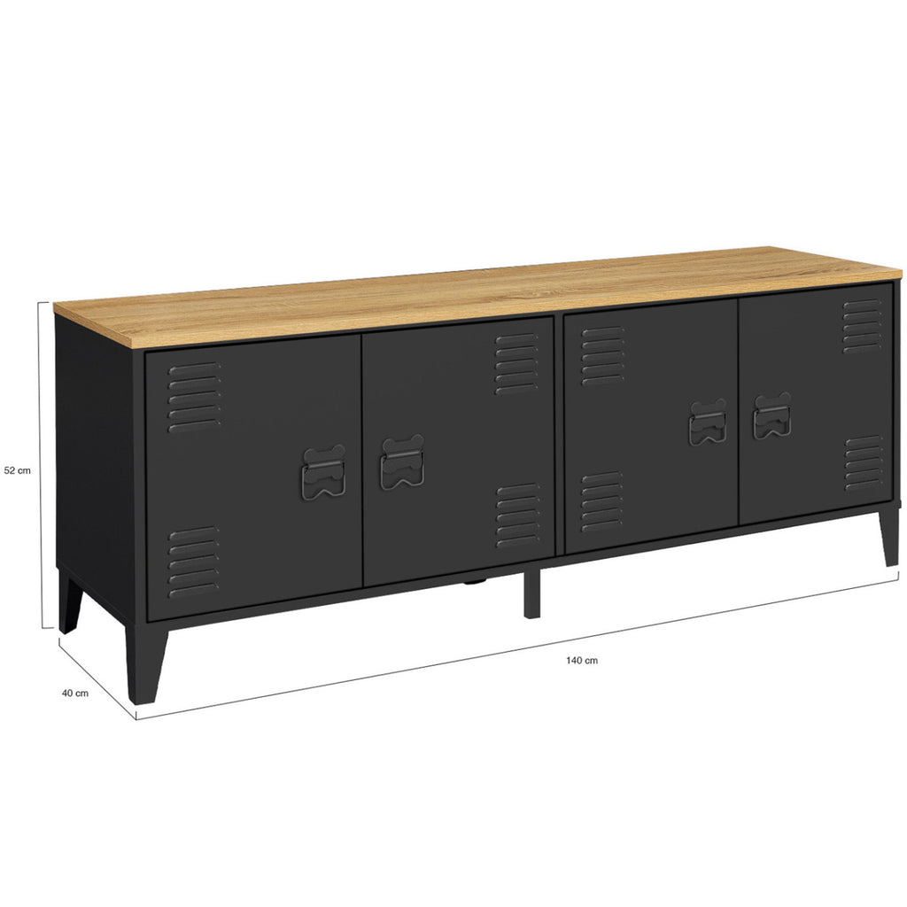 Buffet bas 140 cm ESTER 4 portes métal noir et plateau bois design industriel