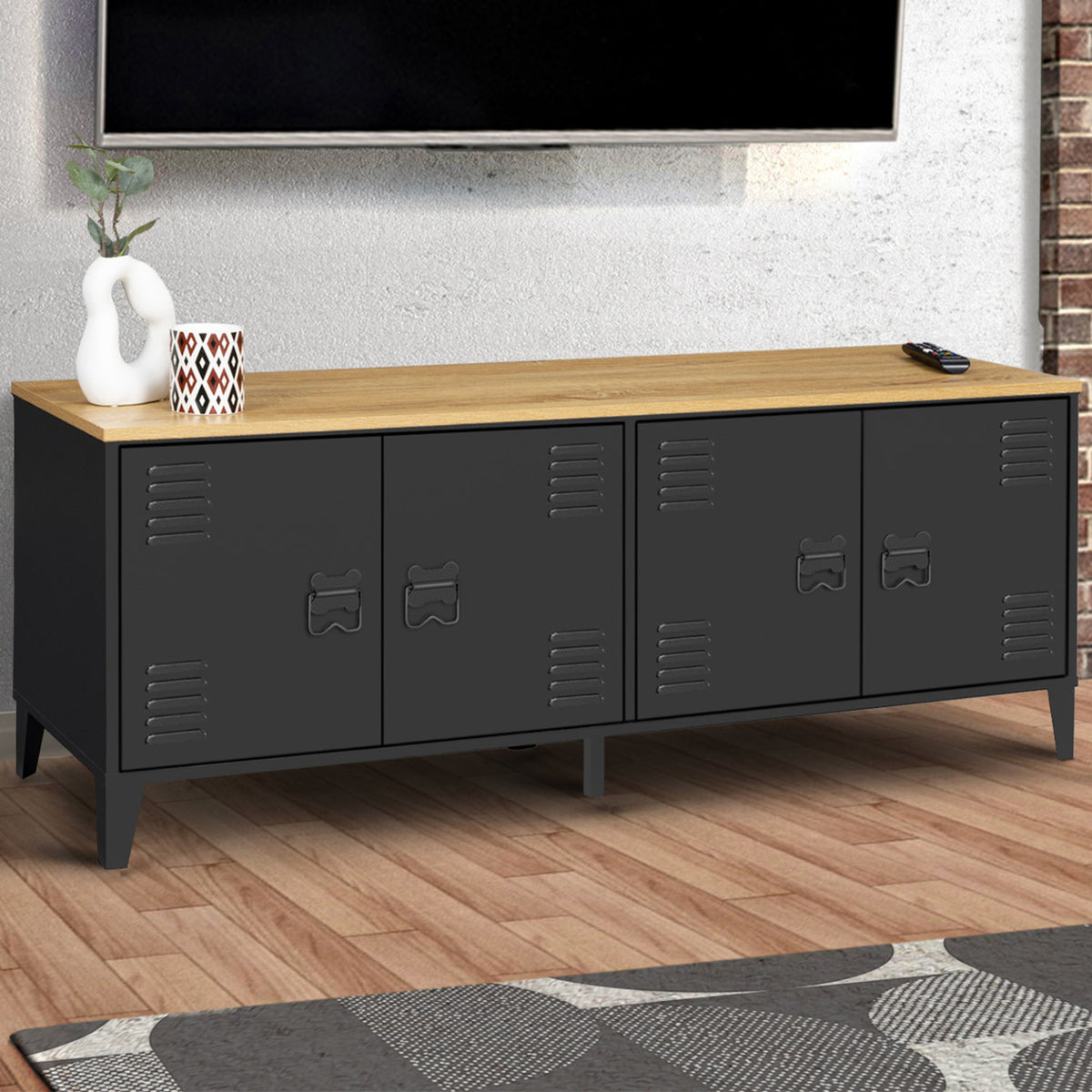 Buffet bas 140 cm ESTER 4 portes métal noir et plateau bois design industriel
