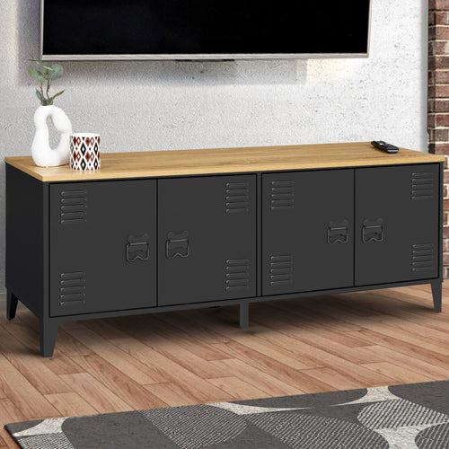 Buffet bas 140 cm ESTER 4 portes métal noir et plateau bois design industriel