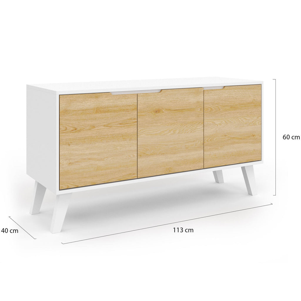 Buffet bas scandinave 113 cm FINN 3 portes blanc et façon hêtre