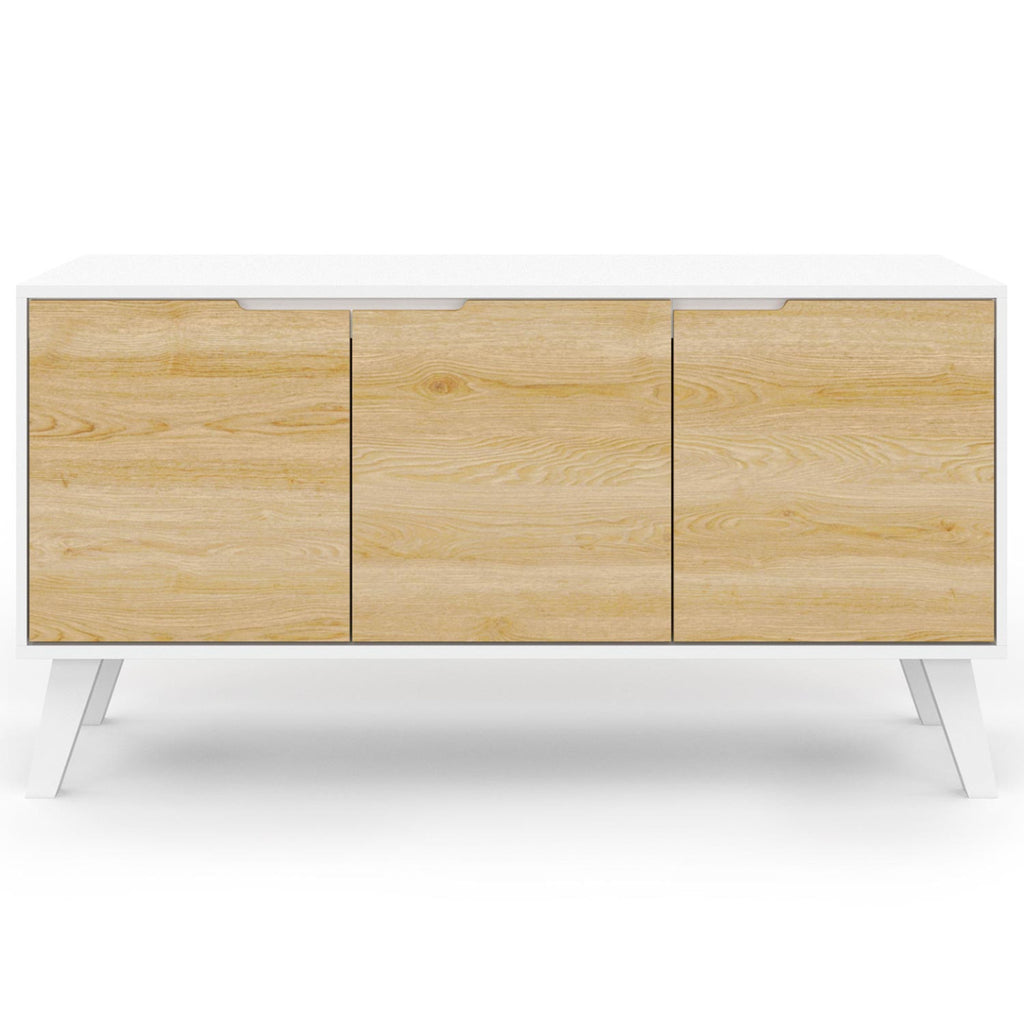 Buffet bas scandinave 113 cm FINN 3 portes blanc et façon hêtre
