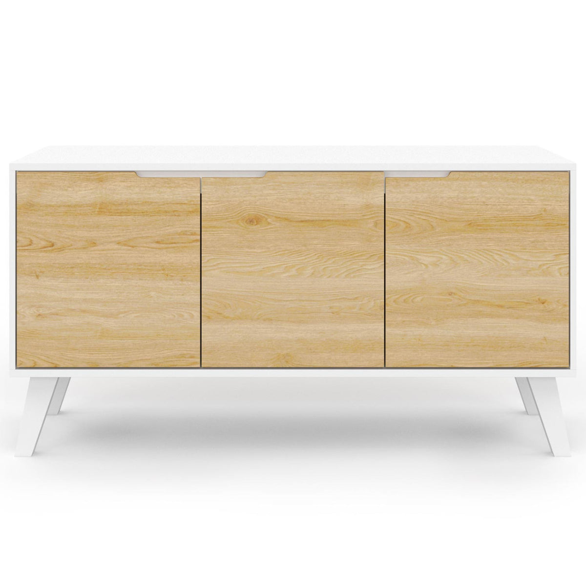 Buffet bas scandinave 113 cm FINN 3 portes blanc et façon hêtre