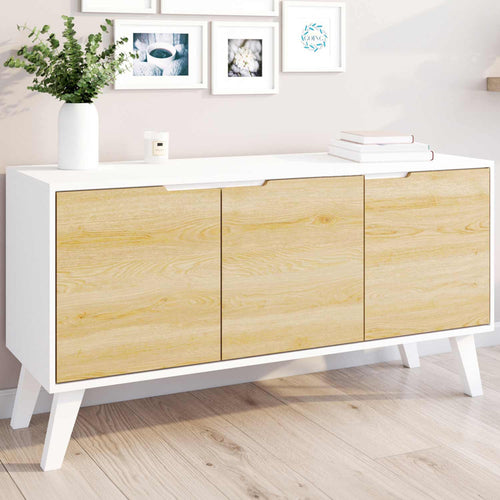 Buffet bas scandinave 113 cm FINN 3 portes blanc et façon hêtre