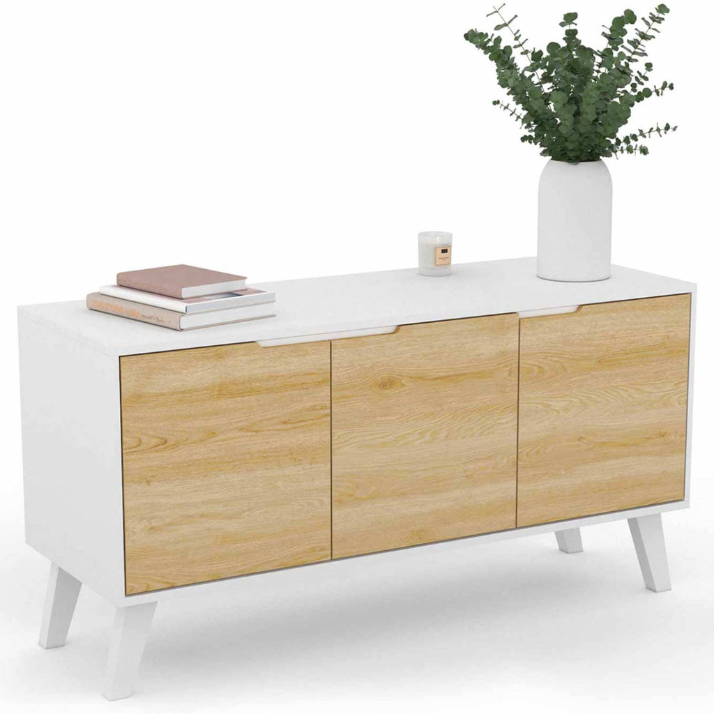 Buffet bas scandinave 113 cm FINN 3 portes blanc et façon hêtre