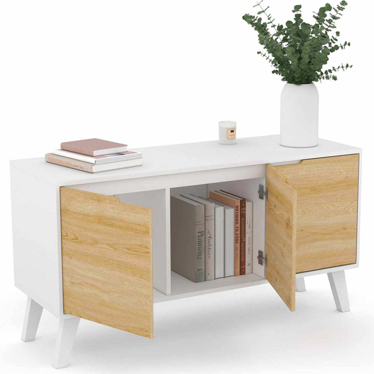 Buffet bas scandinave 113 cm FINN 3 portes blanc et façon hêtre