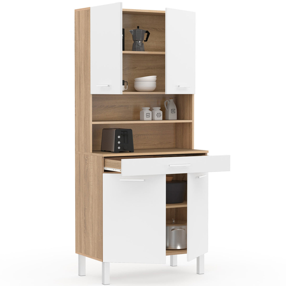 Buffet de cuisine 80 CM CINA 4 portes + tiroir façon hêtre et blanc