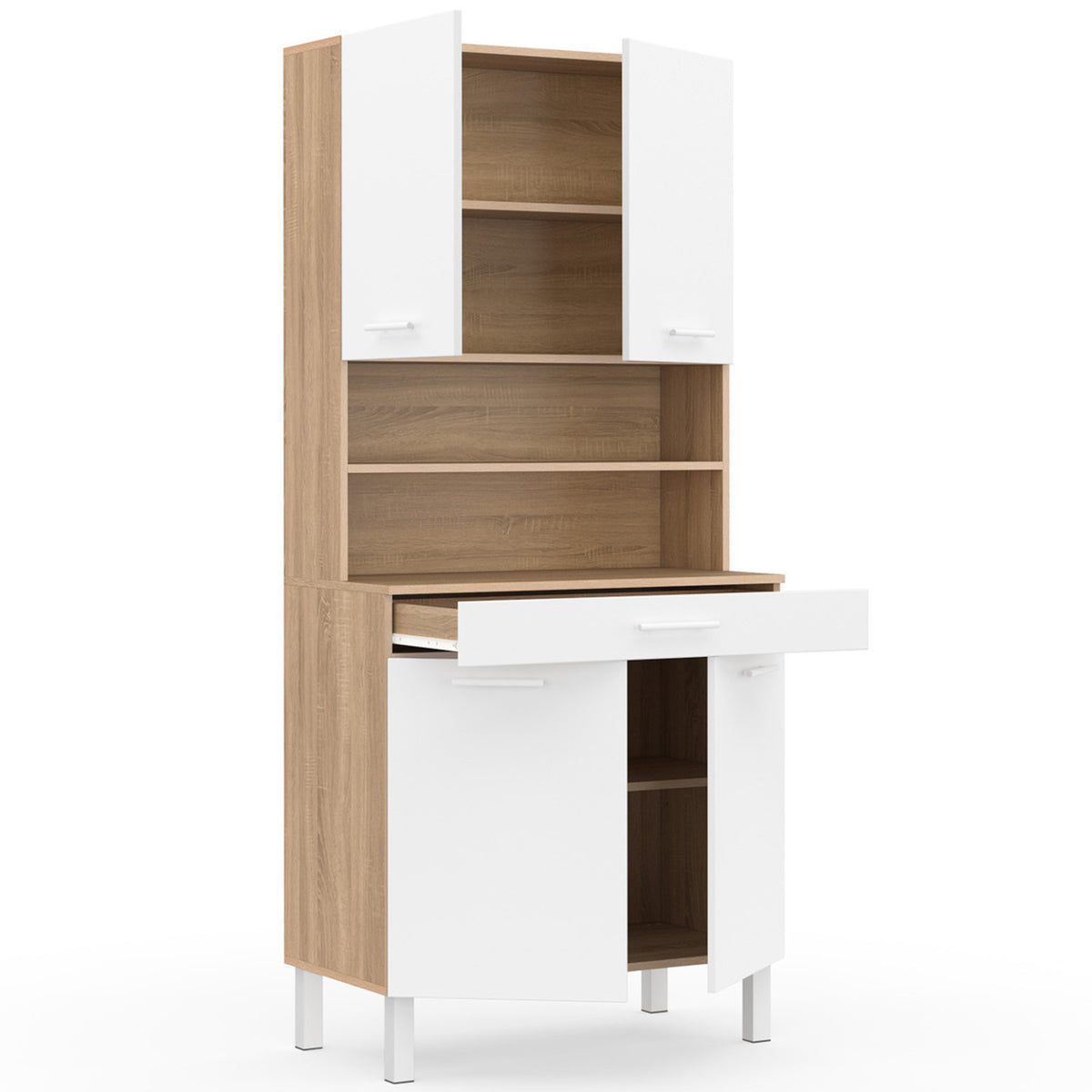 Buffet de cuisine 80 CM CINA 4 portes + tiroir façon hêtre et blanc
