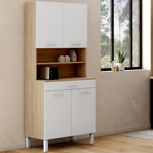 Buffet de cuisine 80 CM CINA 4 portes + tiroir façon hêtre et blanc