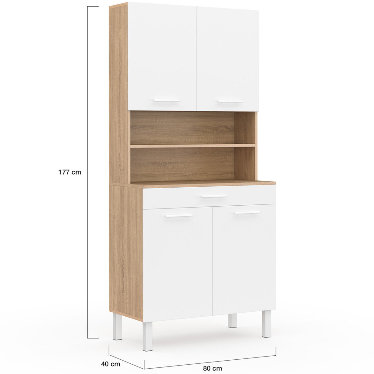Buffet de cuisine 80 CM CINA 4 portes + tiroir façon hêtre et blanc