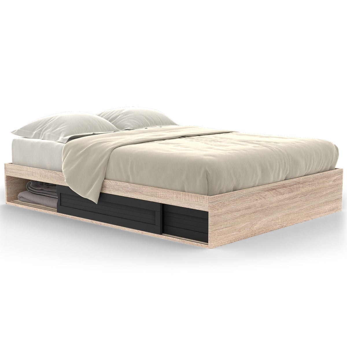 Cadre de lit double SALEM avec rangements et sommier 140 x 190 cm façon hêtre et noir