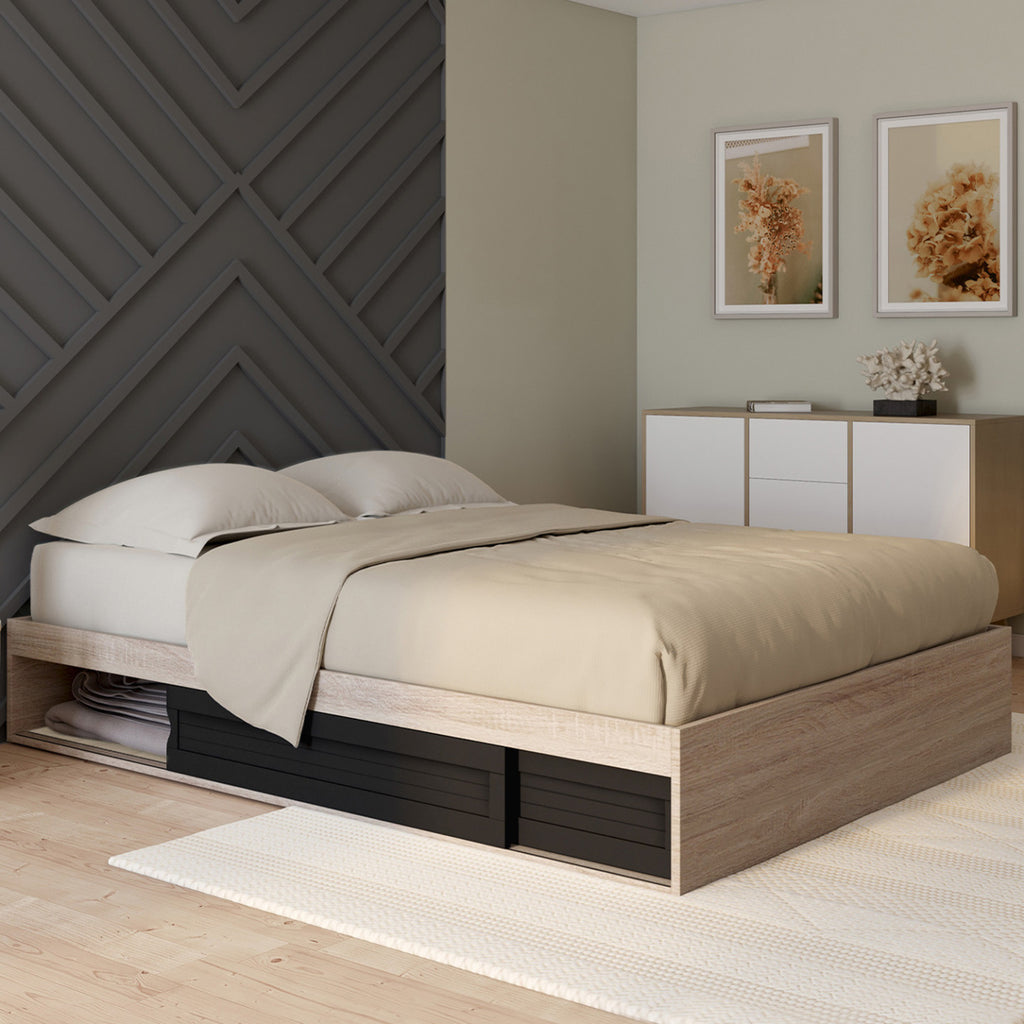 Cadre de lit double SALEM avec rangements et sommier 140 x 190 cm façon hêtre et noir