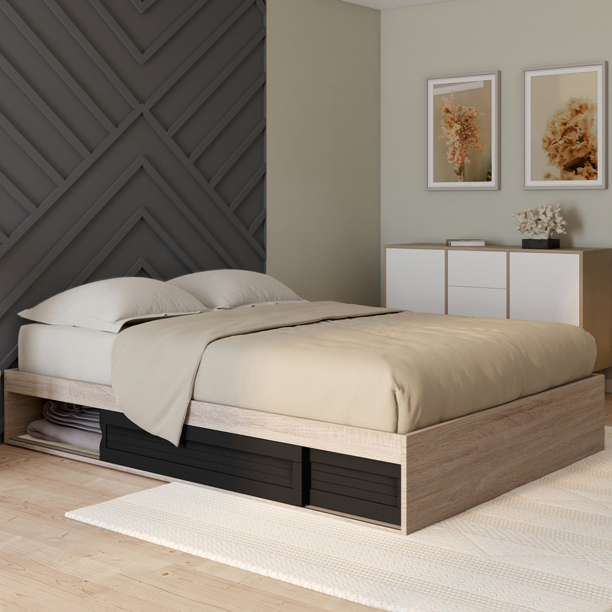 Cadre de lit double SALEM avec rangements et sommier 140 x 190 cm façon hêtre et noir