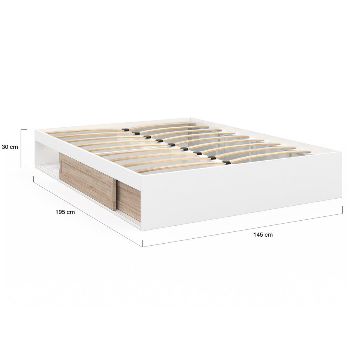 Cadre de lit double SALEM avec rangements et sommier 140 x 190 cm blanc et façon hêtre