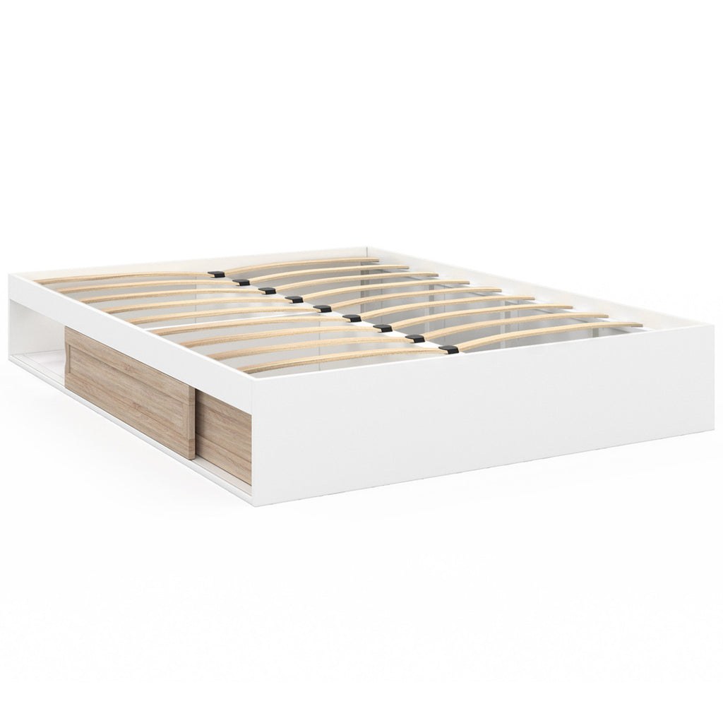 Cadre de lit double SALEM avec rangements et sommier 140 x 190 cm blanc et façon hêtre