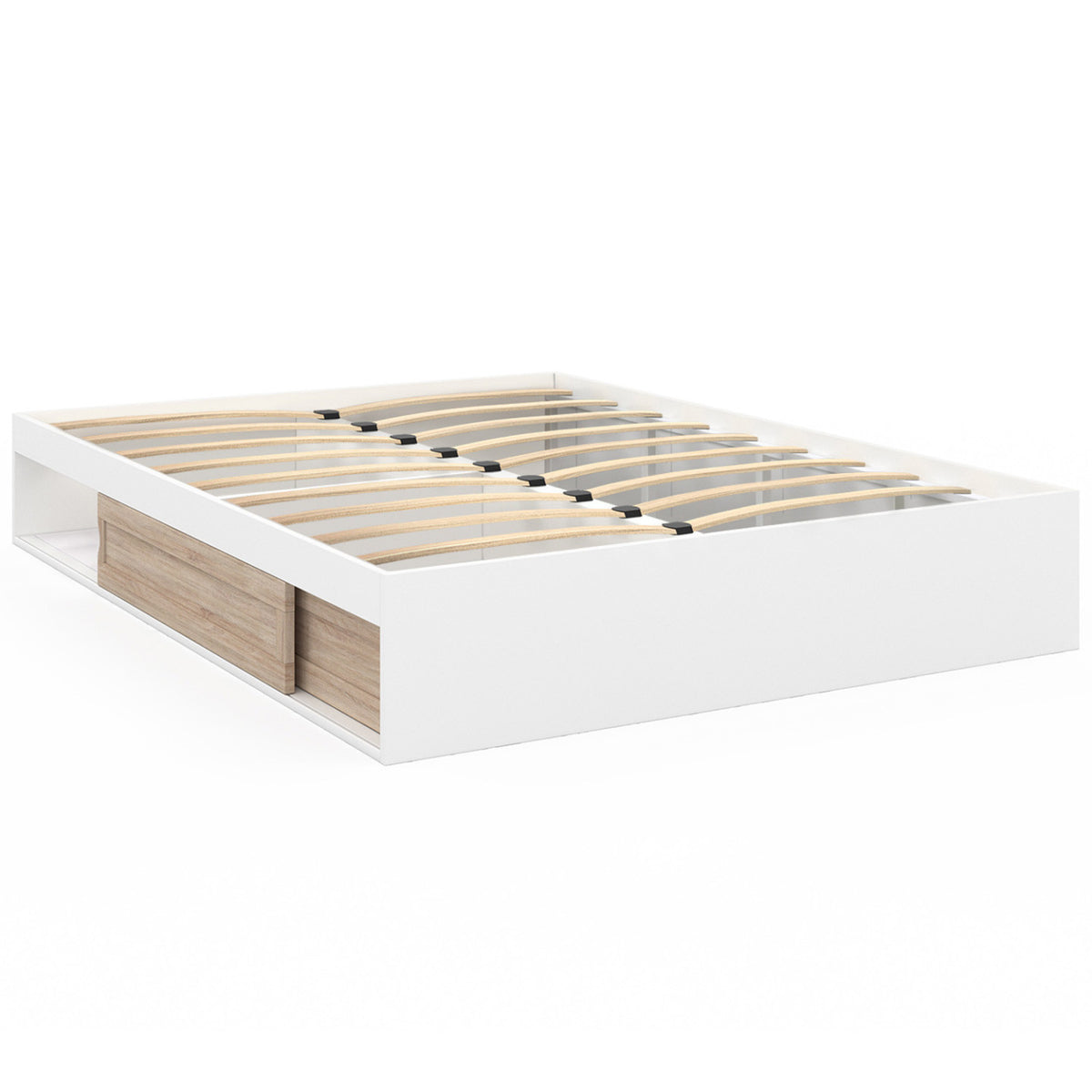 Cadre de lit double SALEM avec rangements et sommier 140 x 190 cm blanc et façon hêtre