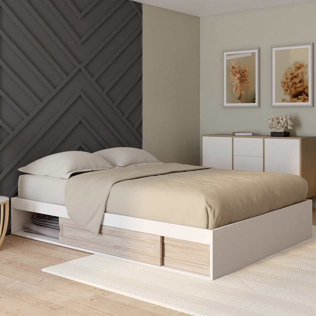 Cadre de lit double SALEM avec rangements et sommier 140 x 190 cm blanc et façon hêtre