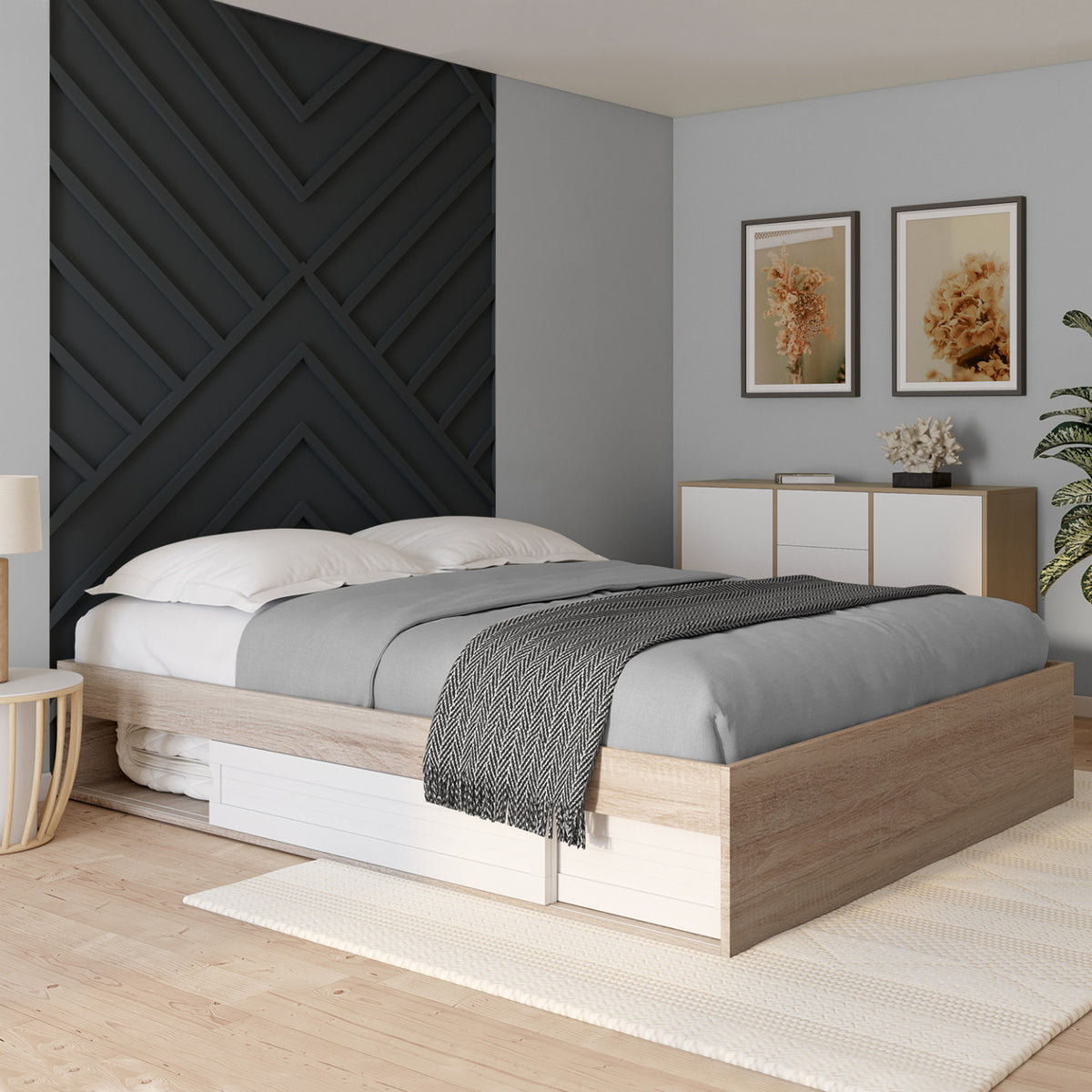 Cadre de lit double SALEM avec rangements et sommier 160 x 200 cm façon hêtre et blanc