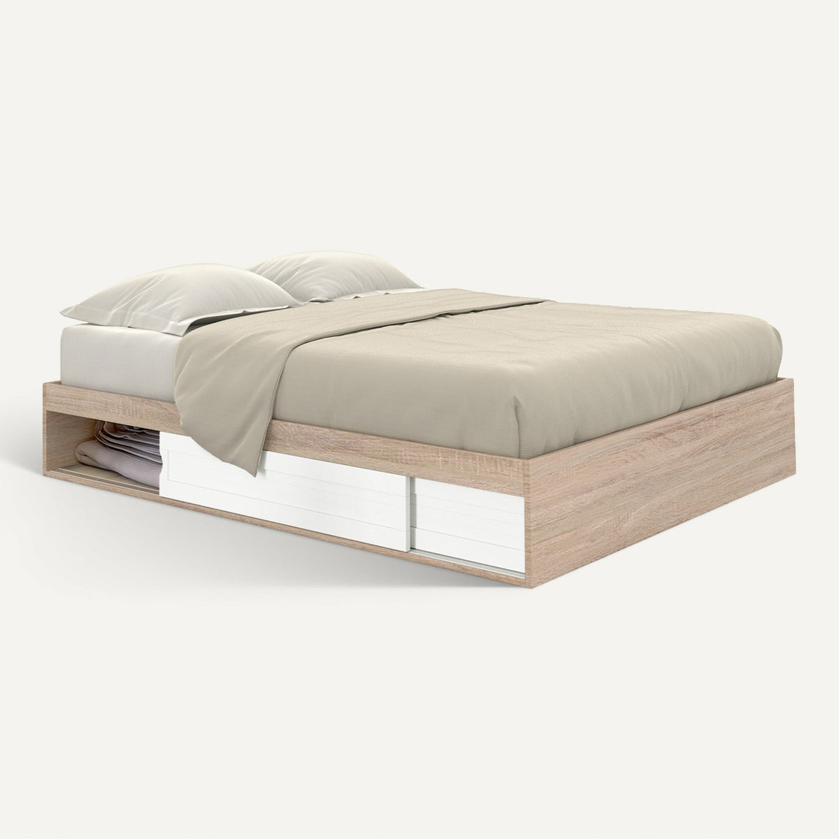 Cadre de lit double SALEM avec rangements et sommier 160 x 200 cm façon hêtre et blanc