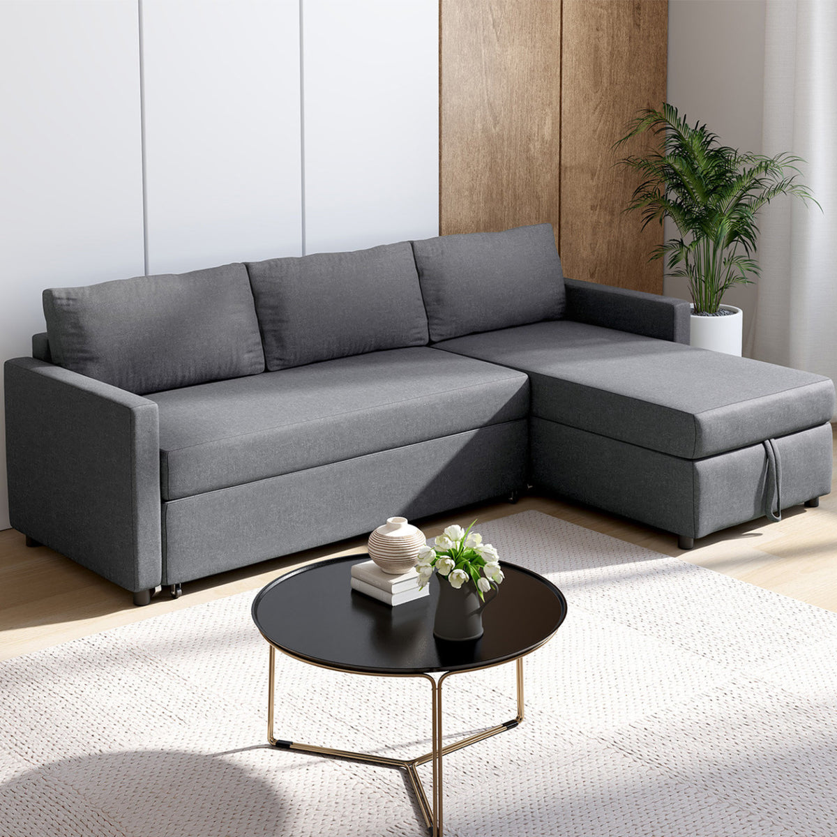 Canapé d'angle convertible avec méridienne coffre NOAH en tissu gris anthracite