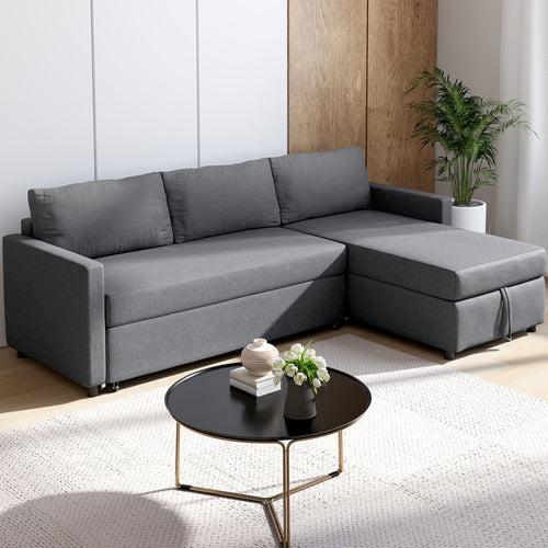 Canapé d'angle convertible avec méridienne coffre NOAH en tissu gris anthracite