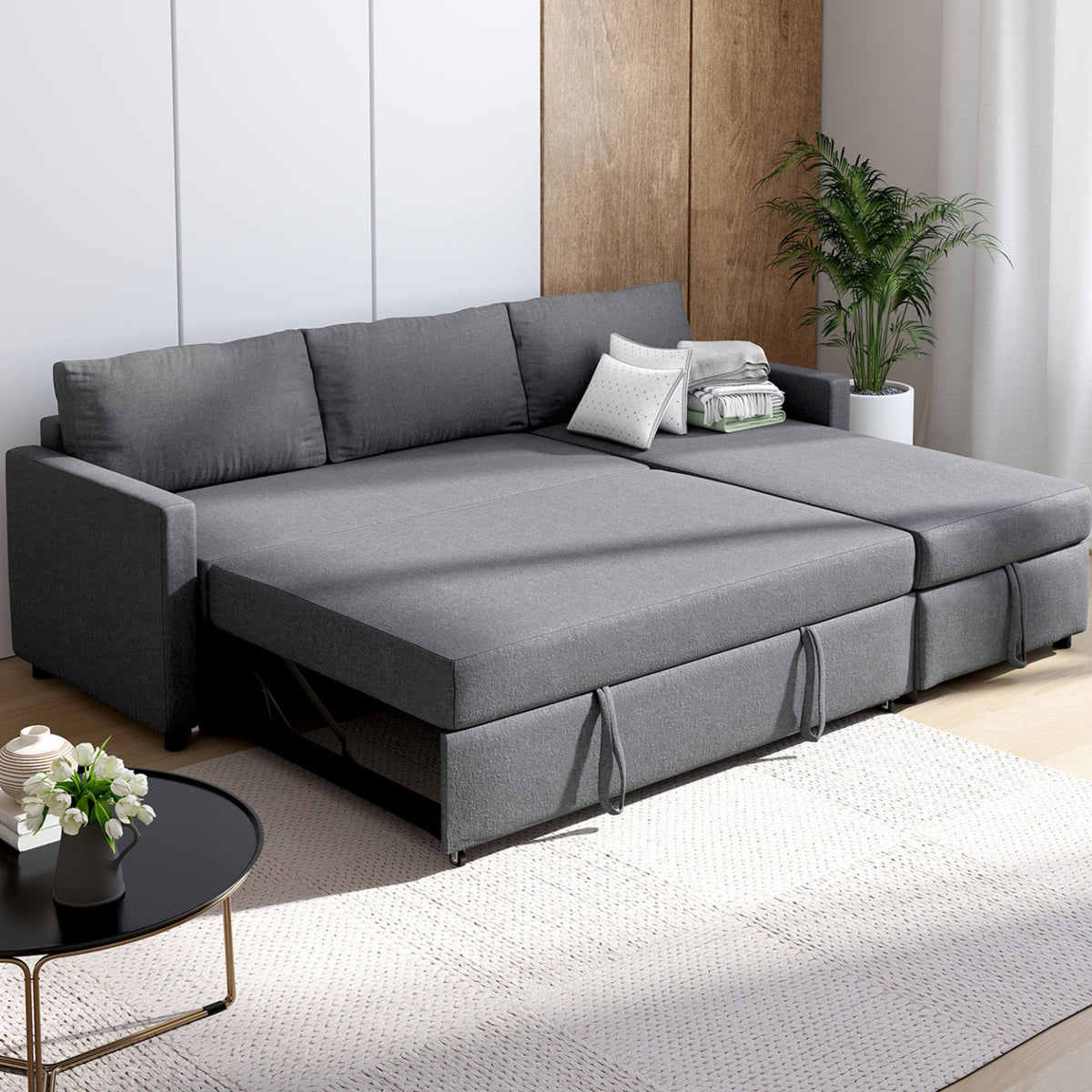 Canapé d'angle convertible avec méridienne coffre NOAH en tissu gris anthracite