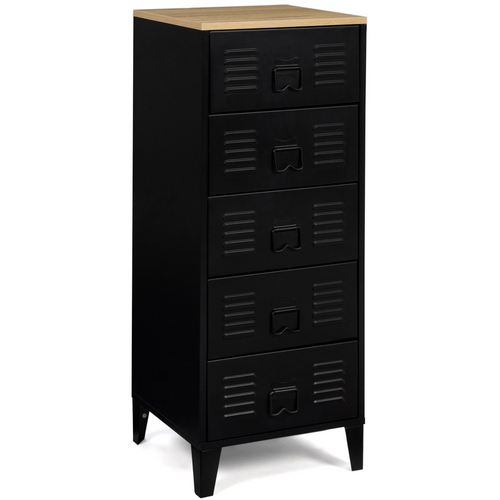 Chiffonnier 5 tiroirs ESTER 40x40x100 cm métal noir et plateau façon hêtre design industriel