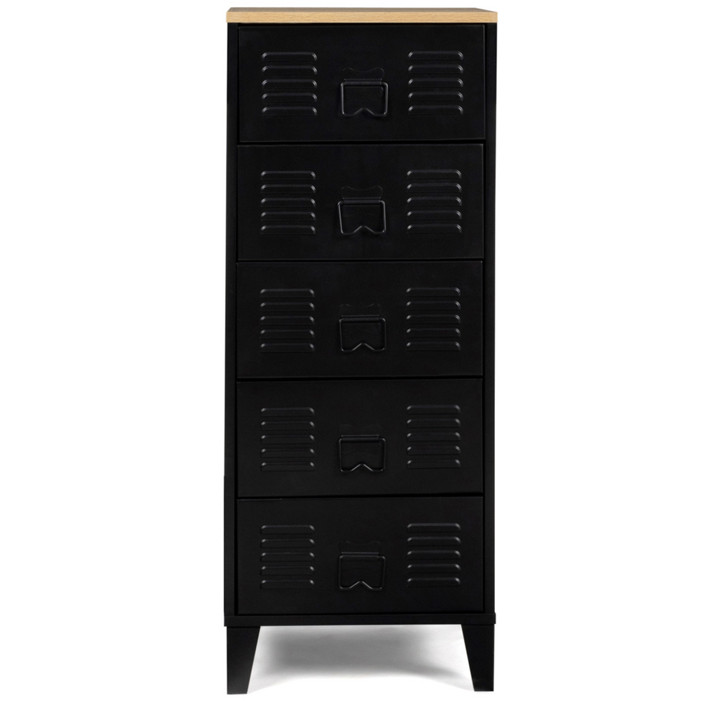 Chiffonnier 5 tiroirs ESTER 40x40x100 cm métal noir et plateau façon hêtre design industriel