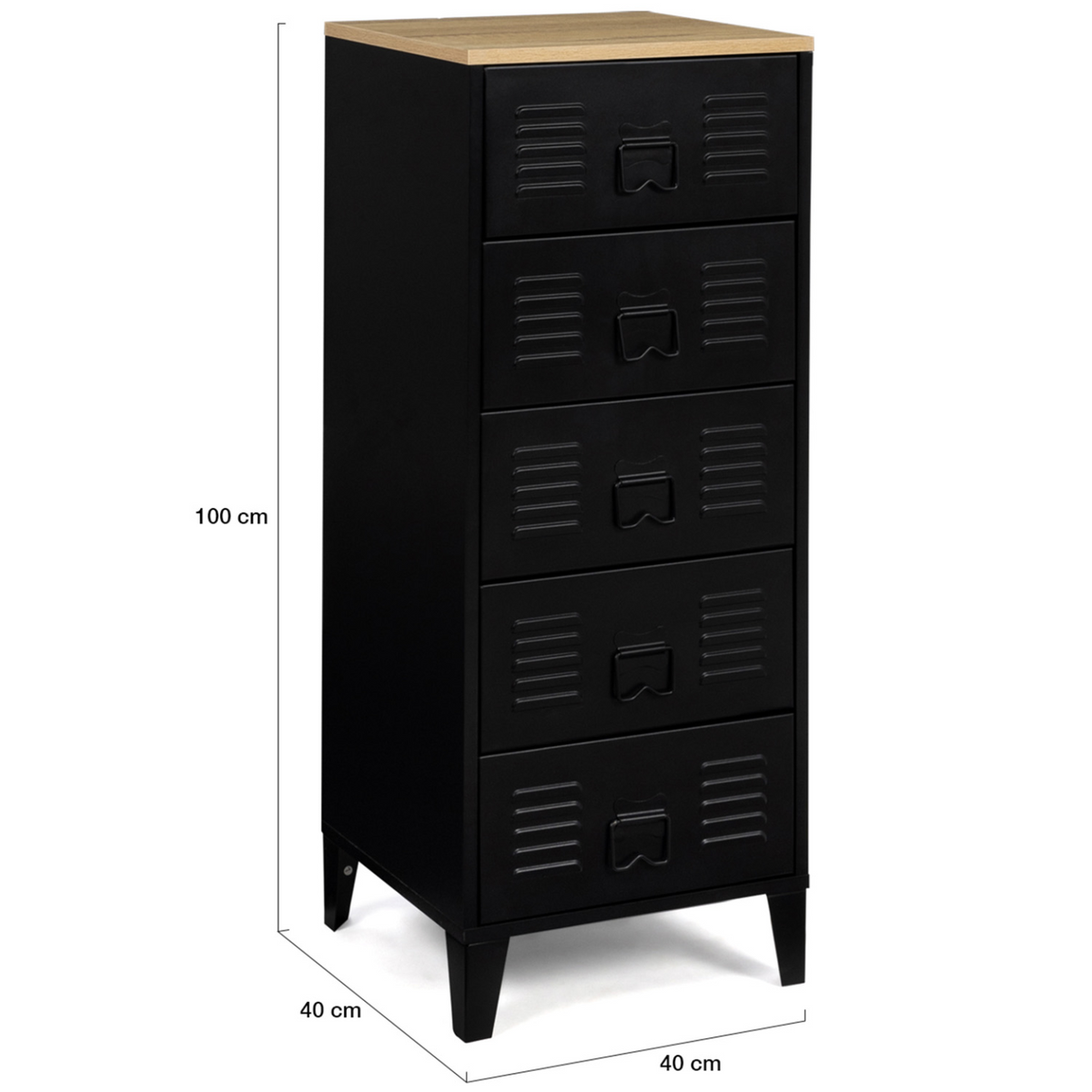 Chiffonnier 5 tiroirs ESTER 40x40x100 cm métal noir et plateau façon hêtre design industriel