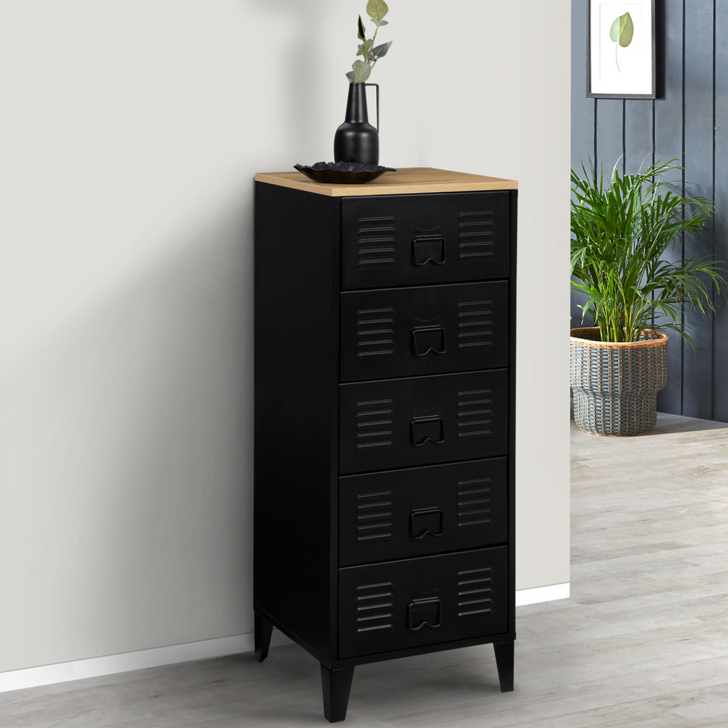 Chiffonnier 5 tiroirs ESTER 40x40x100 cm métal noir et plateau façon hêtre design industriel