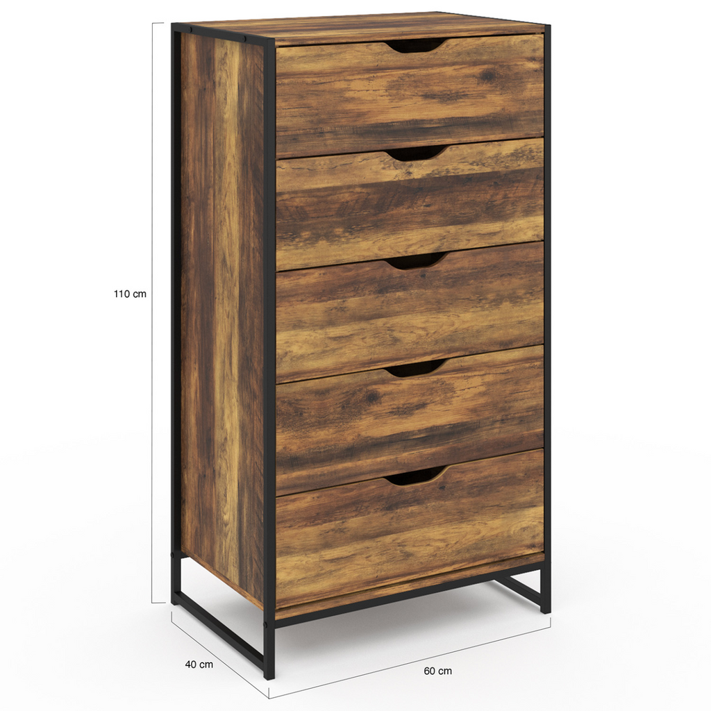 Chiffonnier 5 tiroirs HAWKINS 60x40x110 cm commode semainier design industriel