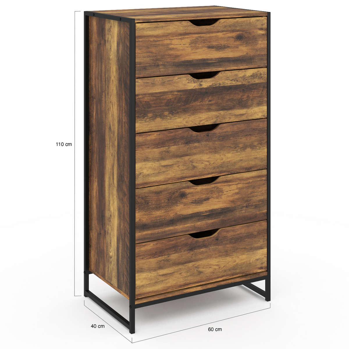 Chiffonnier 5 tiroirs HAWKINS 60x40x110 cm commode semainier design industriel