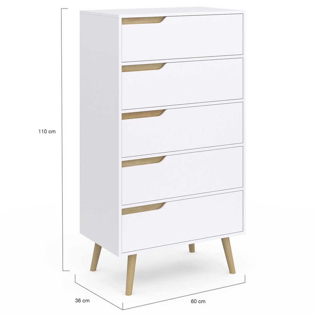 Chiffonnier 5 tiroirs HELSINKI 60x36x110 cm commode semainier blanc design scandinave