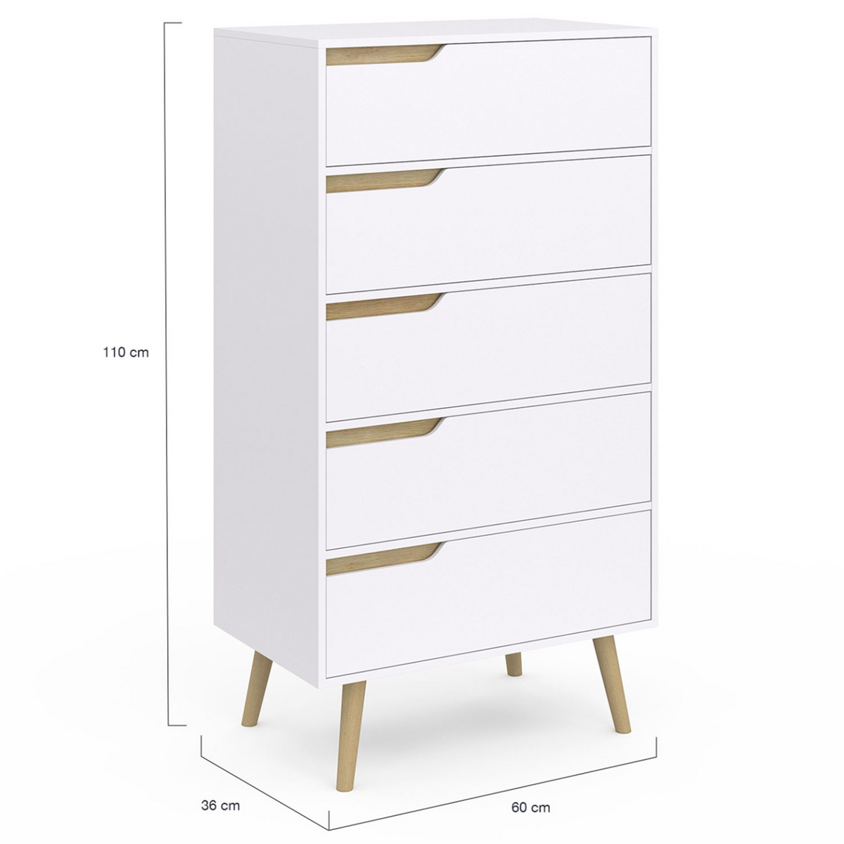Chiffonnier 5 tiroirs HELSINKI 60x36x110 cm commode semainier blanc design scandinave