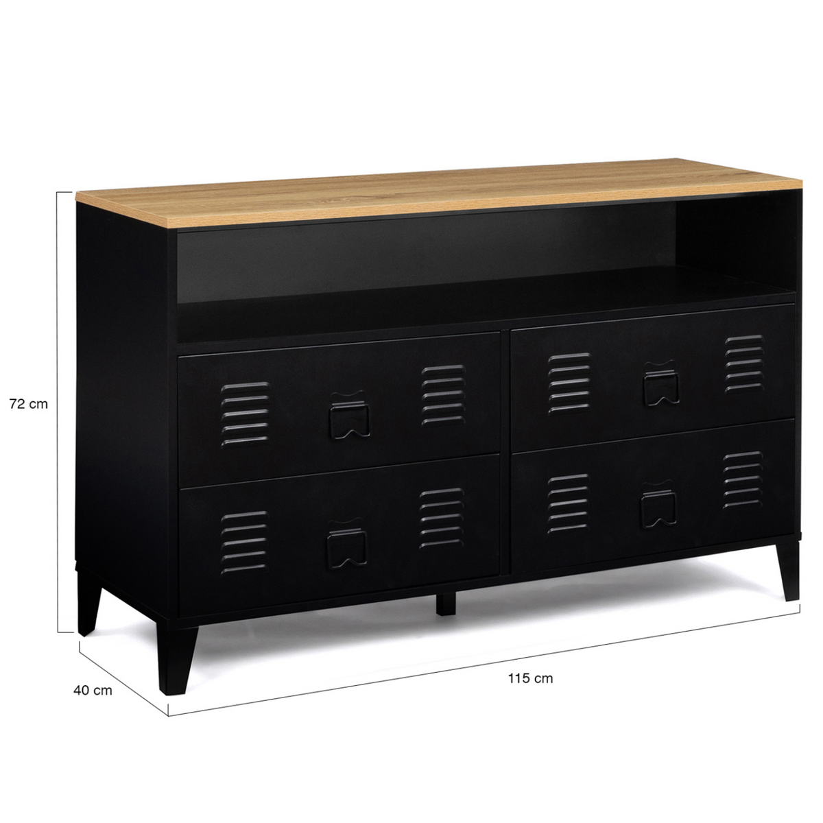 Commode 4 tiroirs ESTER 115 cm métal noir et plateau façon hêtre avec niche design industriel