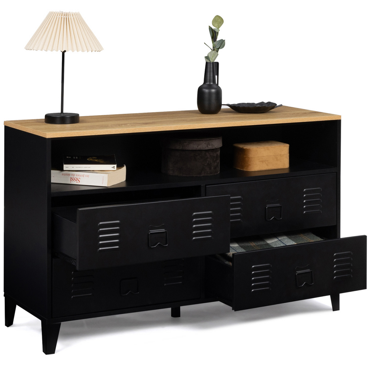 Commode 4 tiroirs ESTER 115 cm métal noir et plateau façon hêtre avec niche design industriel