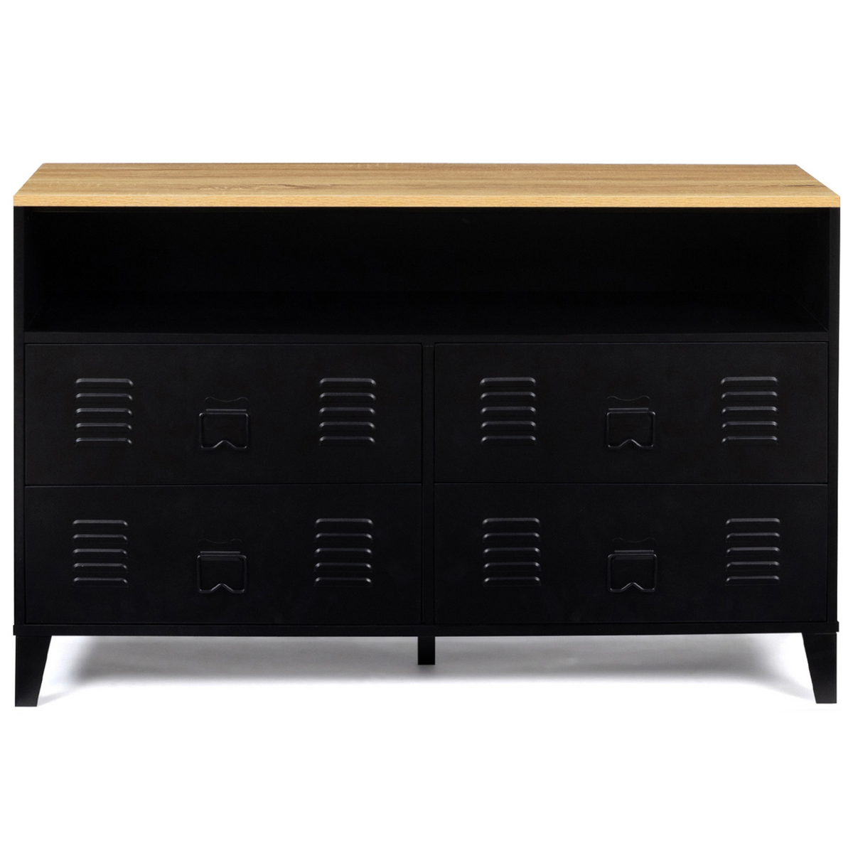 Commode 4 tiroirs ESTER 115 cm métal noir et plateau façon hêtre avec niche design industriel