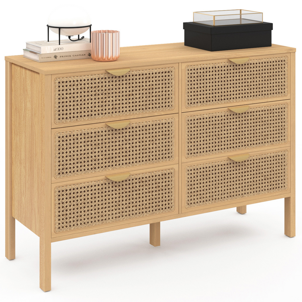 Commode 6 tiroirs EDHEN 115 cm bois et cannage